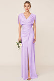 Sheath Wrap V Neck Chiffon Light Blue Long Bridesmaid Dress