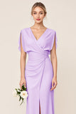 Sheath Wrap V Neck Chiffon Light Blue Long Bridesmaid Dress