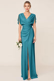 Sheath Wrap V Neck Chiffon Light Blue Long Bridesmaid Dress