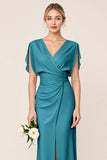 Sheath Wrap V Neck Chiffon Light Blue Long Bridesmaid Dress
