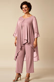 Dusty Rose 2 Piece Round Neck Chiffon Mother of the Bride Pant Suits