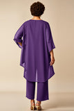 Dusty Rose 2 Piece Round Neck Chiffon Mother of the Bride Pant Suits