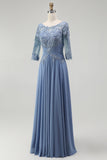 Dusty Blue A Line Chiffon Mother of the Bride Dress with Half Sleeves