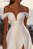 Off The Shoulder A Line Ivory Long Wedding Dress with Slit