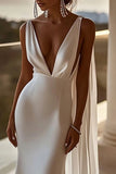 Simple Mermaid Deep V Neck Ivory Long Wedding Dress