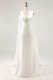 Ivory Mermaid V-Neck Satin Long Wedding Dress with Watteau Train