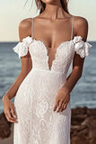 Mermaid Cold Shoulder lvory Long Wedding Dress with Lace