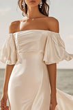 Ivory Off The Shoulder Satin Wedding Dress with Ruffles