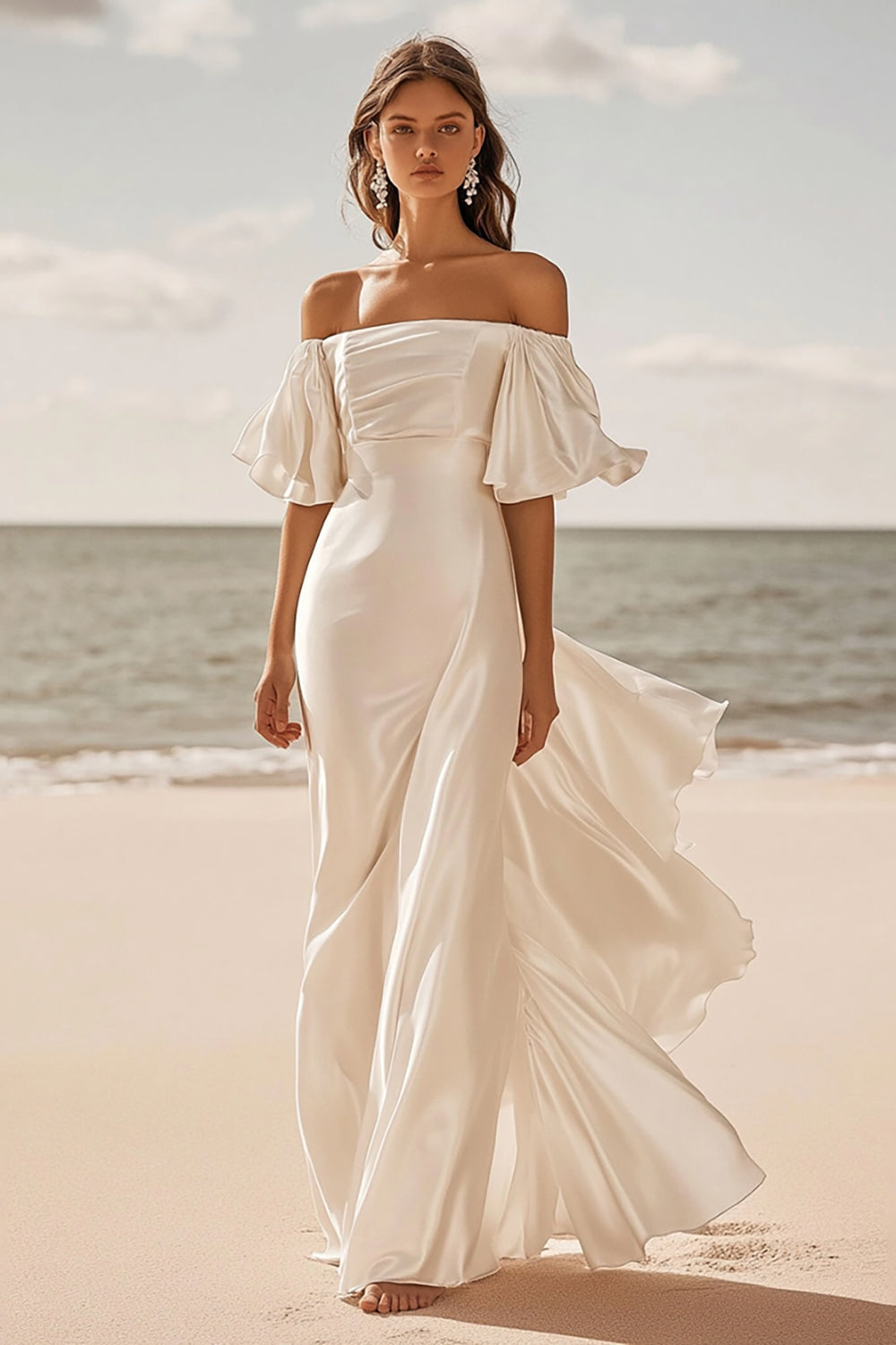 Wedtrend Women Ivory Wedding Dress with Ruffles Sheath Off The Shoulder Satin Long Bridal Dress WEDTREND Wedtrend Women Ivory Wedding Dress with Ruffles Sheath Off The Shoulder Satin Long Bridal Dress WEDTREND