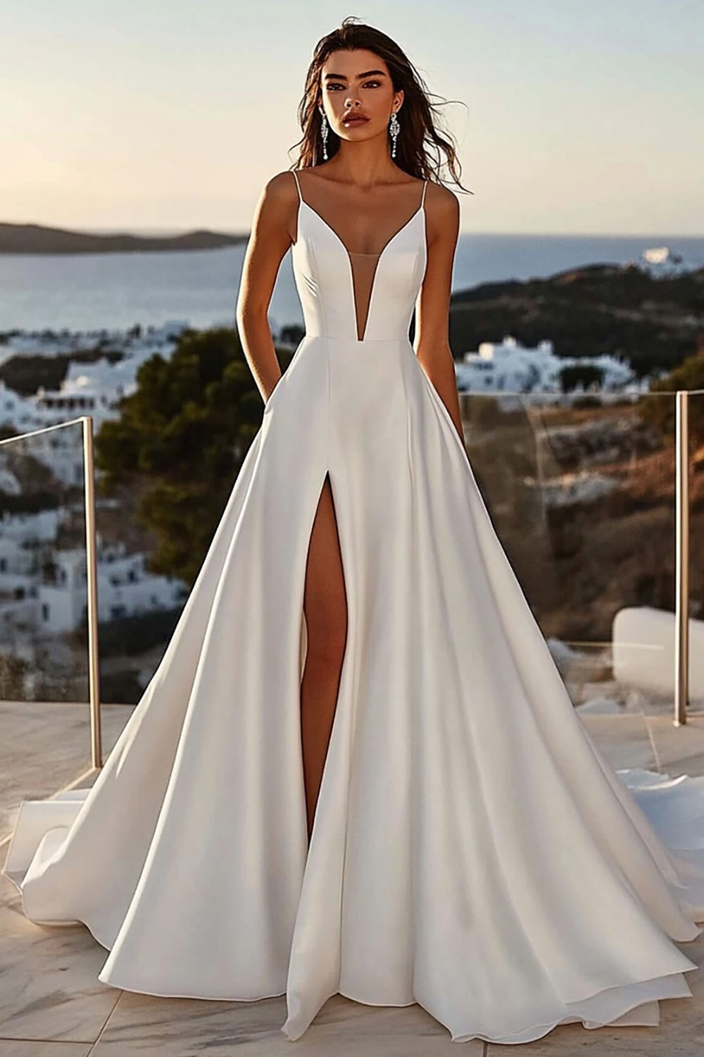 Wedtrend Women Ivory Wedding Dress With Slit A Line Spaghetti Straps V-Neck Satin Ruched Long Bridal Dress WEDTREND Wedtrend Women Ivory Wedding Dress With Slit A Line Spaghetti Straps V-Neck Satin Ruched Long Bridal Dress WEDTREND