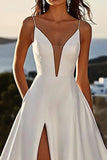 Ivory A Line Spaghetti Straps Satin Ruched Wedding Dress with Slit