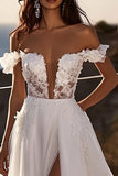 Ivory Off the Shoulder Lace Applique Wedding Dress with Slit