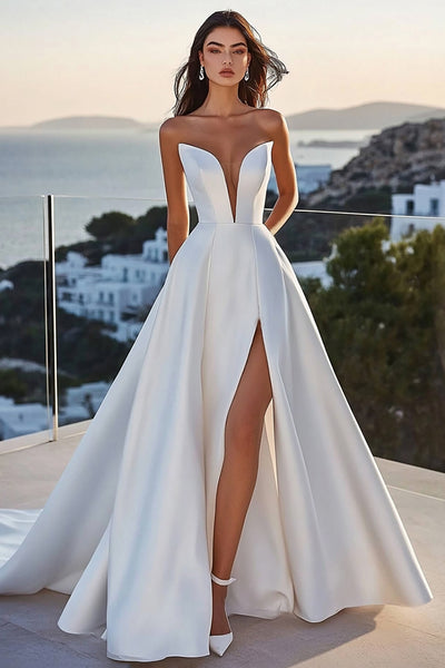 Ivory Satin A Line Strapless Wedding Dress with Slit