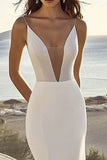 Ivory Deep V Neck Satin Mermaid Wedding Dress