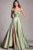 Dusty Sage Strapless A Line Satin Long Prom Dress With Slit