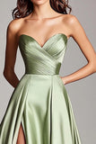 Dusty Sage Strapless A Line Satin Long Prom Dress With Slit