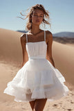 White A-Line Spaghetti Straps Ruffled Mini Graduation Dress