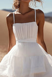 White A-Line Spaghetti Straps Ruffled Mini Graduation Dress