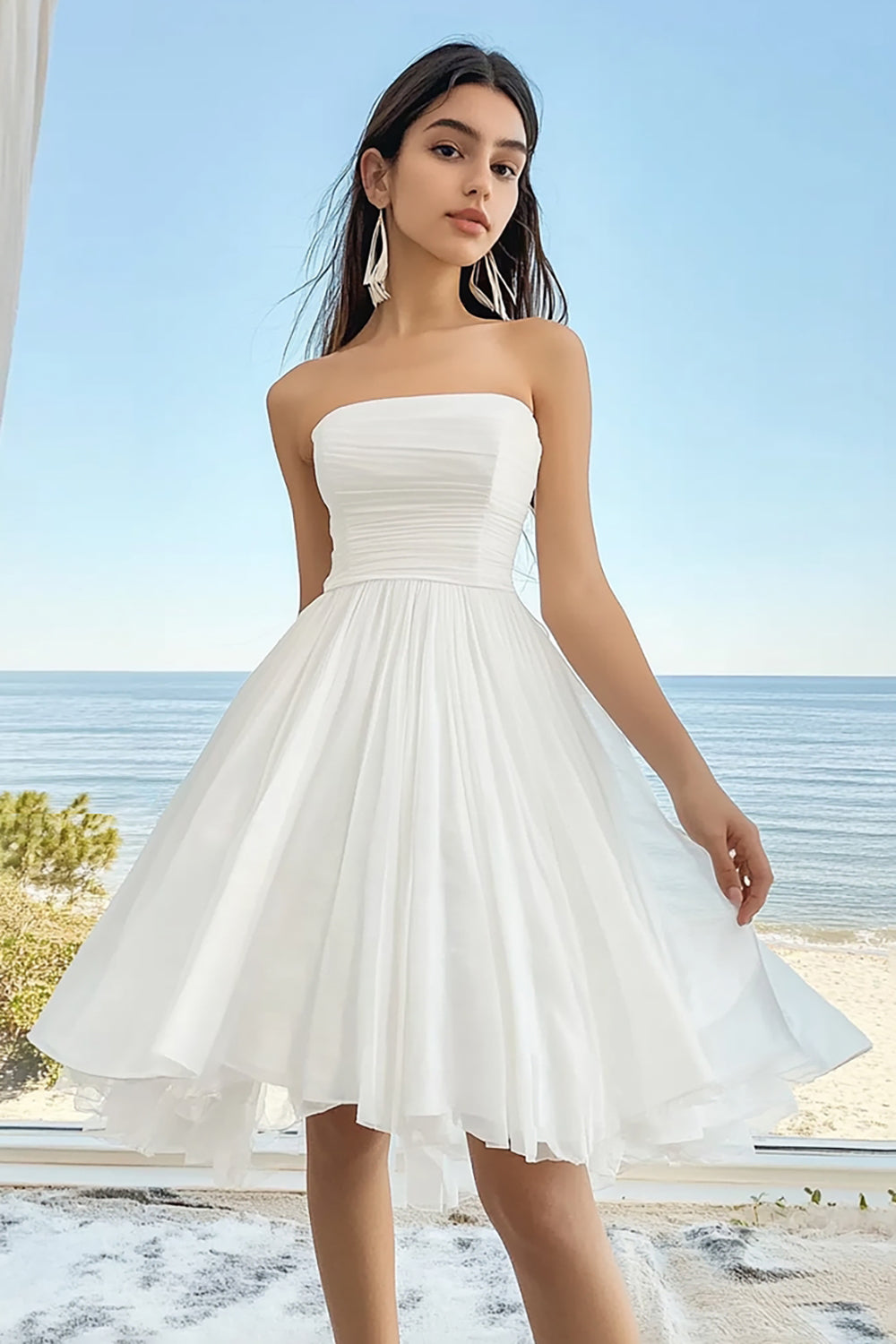 beach graduation dress Zapakasa Women White Chiffon High-Low Boho Graduation Dress Ruched V Neck A Line Little White Dress