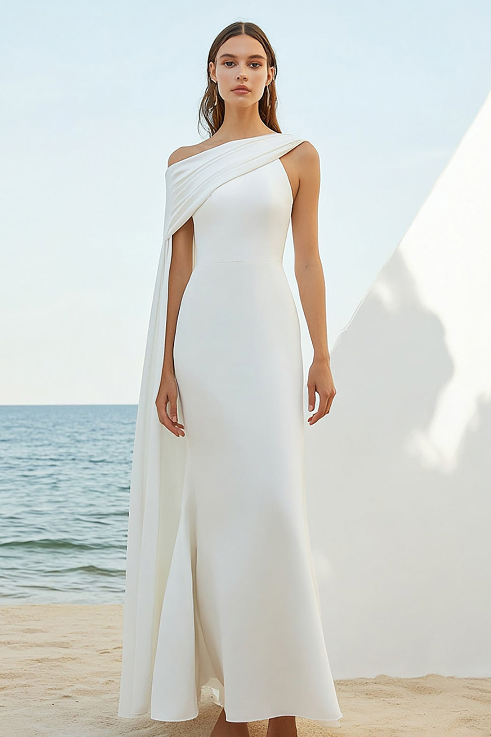 Wedtrend Women White Formal Dress with Cape Sheath Engagement Dress One Shoulder Wedding Party Dress WEDTREND Wedtrend Women White Formal Dress with Cape Sheath Engagement Dress One Shoulder Wedding Party Dress WEDTREND
