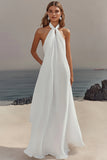 Simple White A Line Halter Long Engagement Dress
