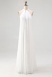 A-Line Simple White Halter Long Engagement Dress