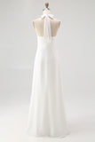 A-Line Simple White Halter Long Engagement Dress