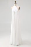 A-Line Simple White Halter Long Engagement Dress