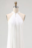A-Line Simple White Halter Long Engagement Dress