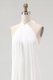A-Line Simple White Halter Long Engagement Dress