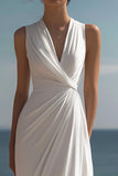 White A Line V-Neck Ruched Formal Dress