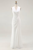 White A Line V-Neck Ruched Formal Dress