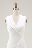 White A Line V-Neck Ruched Formal Dress