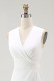 White A Line V-Neck Ruched Formal Dress
