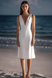 White Sheath V-Neck Satin Graduation Dress