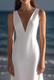 White Sheath V-Neck Satin Graduation Dress