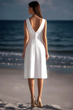White Sheath V-Neck Satin Graduation Dress