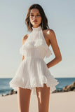 White A Line Halter Ruffles Mini Graduation Dress