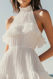White A Line Halter Ruffles Mini Graduation Dress