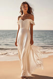 White Off The Shoulder Sheath Satin Maxi Dress