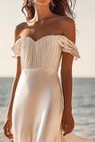 White Off The Shoulder Sheath Satin Maxi Dress