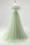 Dusty Sage Off The Shoulder A Line Formal Dress With Ruffles