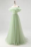 Dusty Sage Off The Shoulder A Line Formal Dress With Ruffles