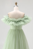 Dusty Sage Off The Shoulder A Line Formal Dress With Ruffles