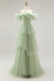 Dusty Sage A Line Off The Shoulder Pleated Long Prom Dress