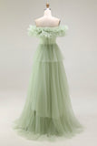 Dusty Sage A Line Off The Shoulder Pleated Long Prom Dress