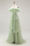 Dusty Sage A Line Off The Shoulder Pleated Long Prom Dress