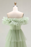 Dusty Sage A Line Off The Shoulder Pleated Long Prom Dress