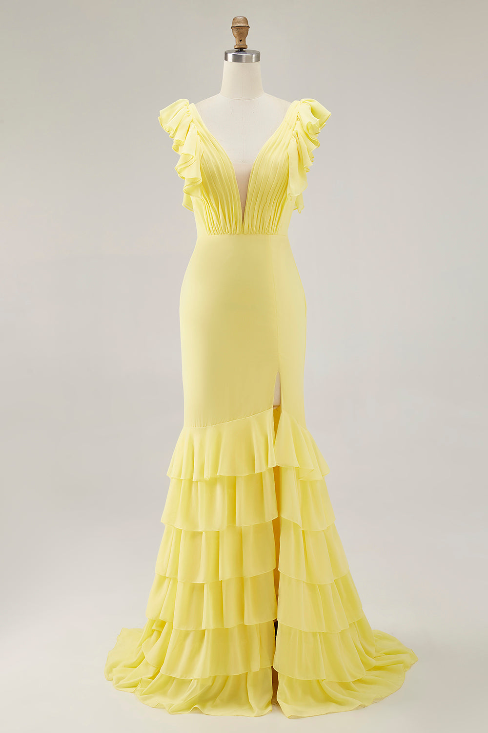 WEDTREND Women Mermaid Formal Dress With Slit Daffodil V Neck Ruffled Long Wedding Party Dress WEDTREND Women Mermaid Formal Dress With Slit Daffodil V Neck Ruffled Long Wedding Party Dress