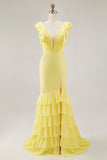 Daffodil Mermaid V Neck Ruffled Formal Dress With Slit